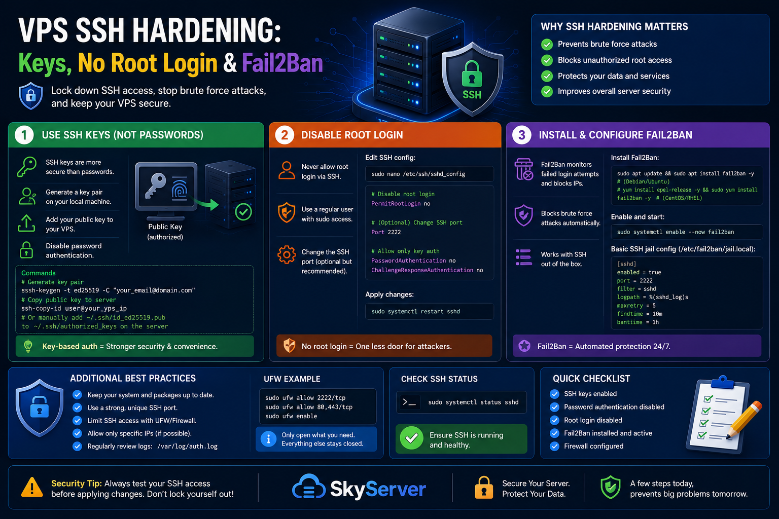 VPS SSH Hardening: Keys, No Root Login & Fail2Ban